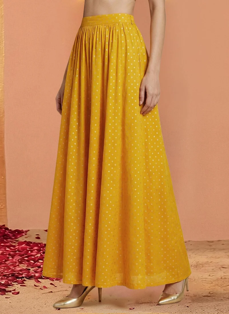 globus Mustard Globus Women Mustard V-Neck Bandhani Print Crop Top with Flared Hem Skirt & Dupatta Festive Co-Ord Set for Women | Best Price UAE